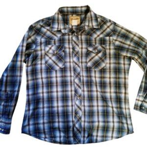 Pearl Snap Shirt Wrangler Mens XL Western Fashion Blue Plaid Long Sleeve Vintage